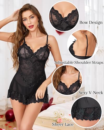 Vlazom Damen Babydoll Dessous Sexy Spitze Negligee V-Ausschnitt Nachtwäsche Kleid mit G-String（XL，Schwarz）