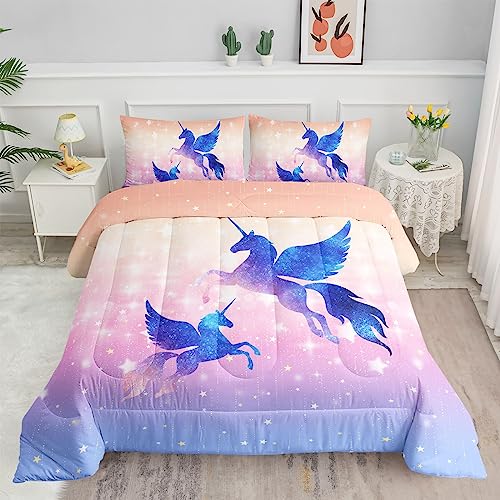 Datura Home Bedding Comforter Set Starry Sky Unicorn Printed Pattern Quilt Bedding Set With 1 Comforter And 2 Pillowcases For Girls Bedroom All Season(Purple Unicorn Twin) #TOP30