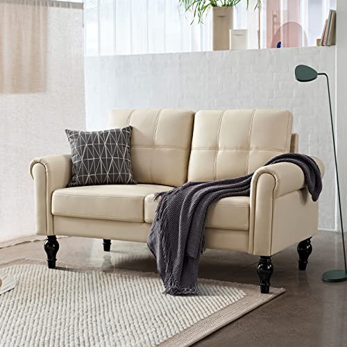 Husbedom 60.6 Inches Loveseat Sofa, Air Leather Small Couches For Small Spaces, Comfy Couch For Living Room, Bedroom, Apartment, Studio, Beige #TOP30