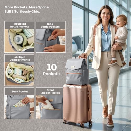 Image of R for Rabbit Caramello Bold Arise Diaper Bag for Mothers, Premium Vegan Leather with Insulated Bottle Pockets, Multi-Compartment Maternity Backpack, Fits 14 inch Laptop, 22 Litre Capacity (Graphite Grey)