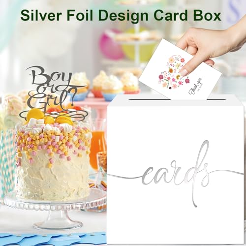 Image of White Card Box with Silver Foil Design, Paperboard 8.7 inch Card Box for Birthday Wedding Party Graduation Retirement Anniversary Valentine's Day & Baby Showers, Raffle or Money Box