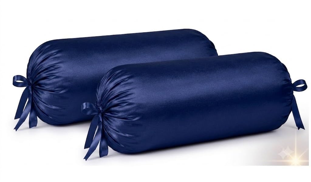Satin Bolster Cover, Cylindrical Shape, with Ribbon Ties, Set of 2 Bolster Pillow Covers with Tie Closure | Soft, Smooth & Decorative Home Décor (Blue)-image-29