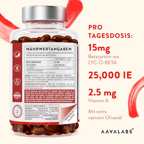 Beta Carotin Kapseln Hochdosiert für Bräune 25000 IE Vitamin A Hochdosiert - Beta Carotin Bräunungskapseln mit Lyc-O-Beta und Extra Virgin Olivenöl für einen strahlenden Teint - 180 Softgel-Kapseln