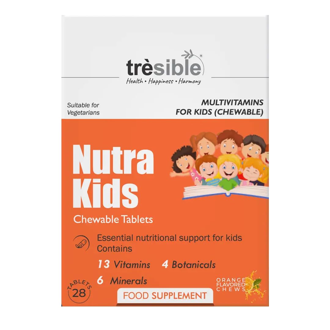 Trèsible Kids Chewable Multivitamins | Nutra Kids Chewable 28 Tablets | Iron and Iodine | No Processed Sugar | Natural Orange Flavour | Vegetarian, Gluten Free, Halal | No Synthetic Binders or Coating