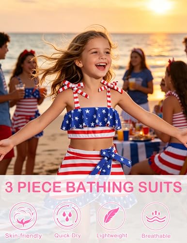 Image of ALISISTER Girls Swimsuit 3 Piece Bathing Suits Flounce Bikini Tankini Set Beach Swimwear with Cover Ups Skirt for 3-8 Years