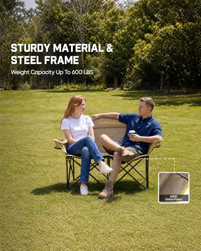 Image of FanttikOutdoor Zeta L11 Duo Pro Double Camping Chair, 2 Person Portable Folding Couch, High Strength Loveseat with Cup Holder & Carry Bag for Travel, Games, BBQ, Backyard, Support up to 600 lbs, Khaki