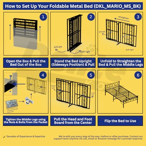 Image of DELITE KOM Mario Foldable Metal Bed | Double Size (6.71ft x 4ft) | Portable | No Installation | Strong Steel Frame | Powder Coated | Heavy Load | for 75 inchx48 inch Mattress | Glossy Black | 1 Year Warranty