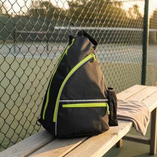 Mochila negra de pickleball con detalles verde fluorescente y compartimentos 5