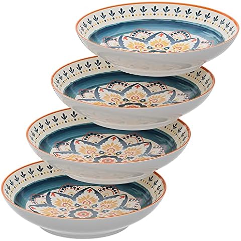 American Atelier Pasta Bowls | Set of 4 | Large, 9-inch, Dinner Serving Plates | Wide and Shallow Bowls Set for Pasta, Salad, Soup, Spaghetti, Stews, or Cereal | Medallion Motif (Orange & Teal) Cover