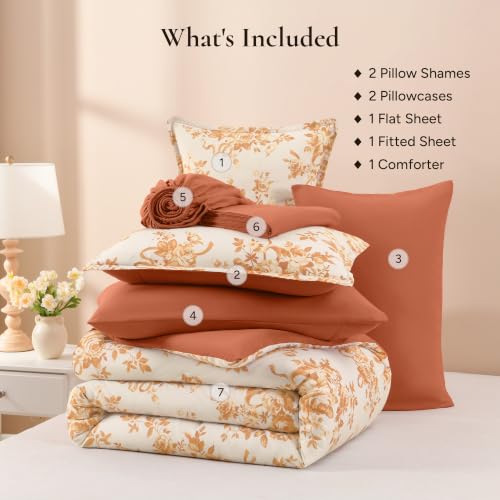 Image of Andency Floral Comforter Full Set, 7 Pieces Orange Rose Flower Bedding Set