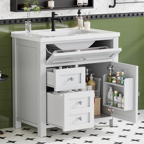 JUMMICO 30'' Bathroom Vanity with Single Sink Combo, Freestanding Modern Bathroom Sink Cabinet, 2 Drawers & 1 Flip-Down Drawer&1 Door with Side Storage (White)
