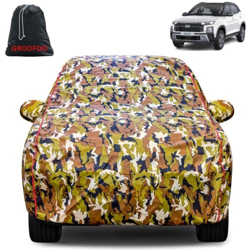 Image of Waterproof Car Body Cover with Mirror Pockets Compatible with Hyundai Creta SX iVT Car Cover | Triple Stitch and UV & Dust Proof All-Weather Protection, (Army Red)