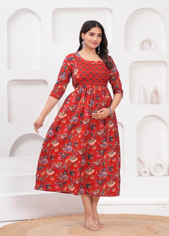 Image of JAIPURFAME Maternity Feeding Kurti with Zipper | Cotton Floral Printed Pregnancy & Nursing Dress | Comfortable & Stylish Maternity Wear for Women | Breastfeeding Kurta with Zipper | Soft & Elegant