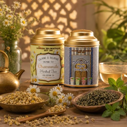 Image of Sancha Tea Boutique, Tea Combo Pack: Chamomile Herbal (50g), Caffeine Free Herbal Tisane & Moroccan Mint Green Teas (100g), Refreshing & Calming Drinks