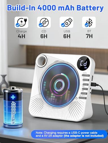 Portable CD Player with Bluetooth, 4000mAh Recheageable Desktop CD Players for Home, CD Music Player with Speakers,Remote Control,LCD Display, AUX, USB, Headphone Jack