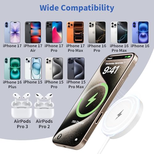 Image of 25W[Apple MFi Certified] Magnetic Wireless Charger iPhone Charger Fast Charging,6FT Apple Mag Safe Chargers Pad 35W Adapter Block for iPhone 17E /17 Pro Max /Air /16 ProMax /16 /15 Plus /15,AirPods