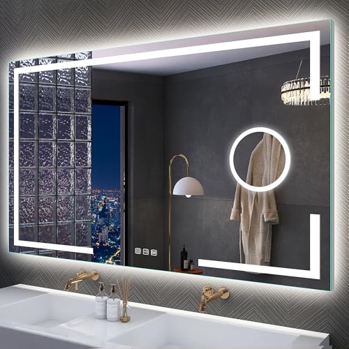 S'bagno 120 x 70 cm Espejo Baño con Luz Espejo Maquillaje con Luz con atenuación antivaho, Marco de Aluminio Espejo de Maquillaje 5 aumentos Badezimmer Wandmontage Mit Lichtern Voll