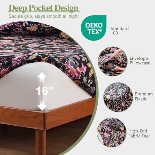 Image of Bedlifes California King Floral 4-Piece Sheet Set - Cooling Sheets Blend Rayon Derived from Bamboo,Soft & Breathable, Deep Pocket 16 inch, Wrinkle Resistant - Vibrant Boho Floral Black Yellow