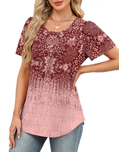 Image of Womens Tops Dressy Casual Blouses Short Sleeve Shirts Plus Size Fashion Clothing Spring Summer Outfits Button Pleated Front