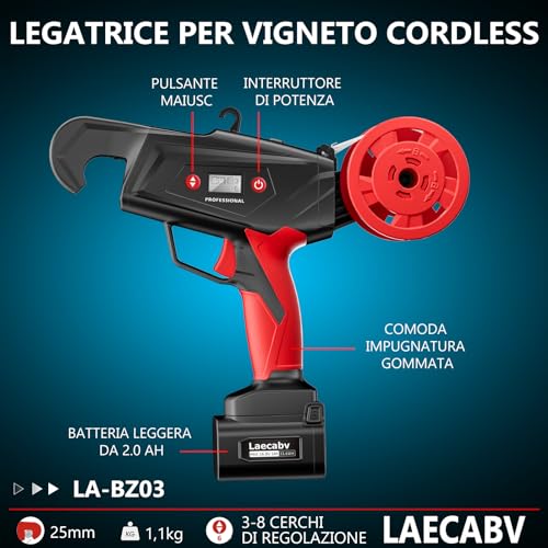 Laecabv Bindegerät für Weinberge, batteriebetrieben, 6 Wickelstufen, elektrische Bindemaschine mit 2 x 2 Ah Lithium-Akku, Vine