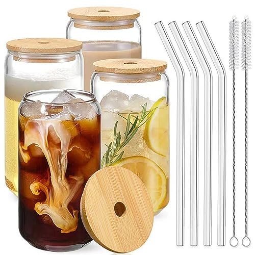 QuiExact ガラスコップ 380ml 4個セット 薄づくり ハイボールグラス 食洗機 電子レンジ対応 耐熱 グラス コップ ストロー付き 蓋付き うすはり タンブラーグラス キャニスターグラス コーヒー ジュース ミルクティー アイス グラスコップ