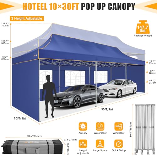 Image of HOTEEL 10x30 Heavy Duty Pop Up Canopy Tent with 5 Sidewalls&Wheeled Bag, Commercial Event Party Tent Wedding Instant Canopy Waterproof, Upgraded Thicked Hexagonal Legs, UV 50+, Deep Blue