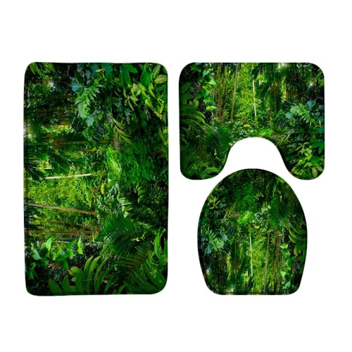 Tropical Rainforest 3 Pcs Bath Rugs Set,Green Palm Leaves Jungle Plnat Nature Landscape Lush Tree Forest Botanical Bathroom Kitchen Rug with 16