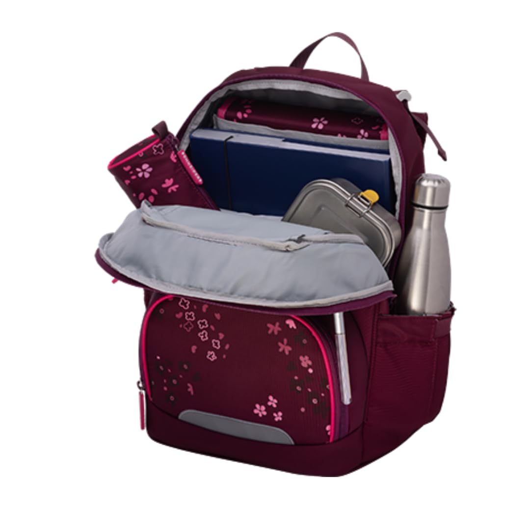 Schneiders Ergojet Schultasche Set Floral Fantasy (6-teilig) – Wandelbarer Mädchen-Schulranzen Einhorn, LED-Licht, ergonomisch & nachhaltig, leicht (990g), Schule & Freizeit, 21L, Bordeaux-Rot