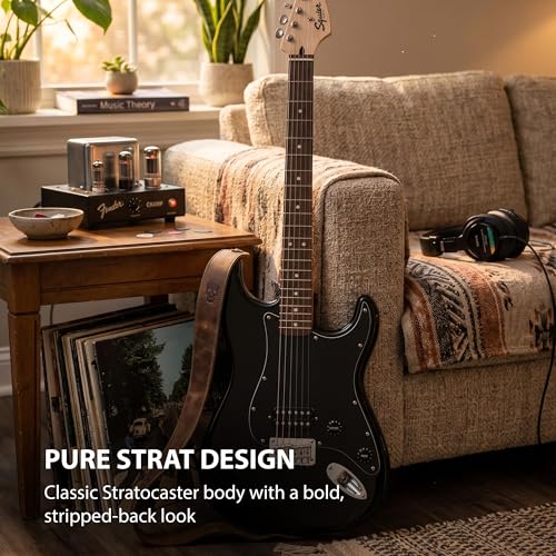 Image of Fender Squier Sonic Stratocaster HT H - Black Bundle with Mustang Micro Headphone Amp, Cable, Tuner, Strap, Picks, and Austin Bazaar Instructional DVD