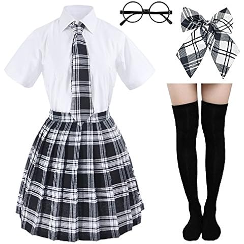 Elibelle Japanisches Schottenkaro, plissierte Schuluniform, Cosplay-Kostüme mit Socken,, Schwarz, M/Etikett XL Cover