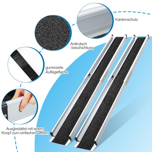 Sonnewelt 2 x 87-152 cm Rollstuhlrampe, Aluminium Auffahrrampe bis 300 kg, Rampe Rollstuhl, Teleskoprampe mit Textiltasche, Rollstuhlrampe Klappbar, Rollstuhlrampen, Treppenrampe für Rollstuhl