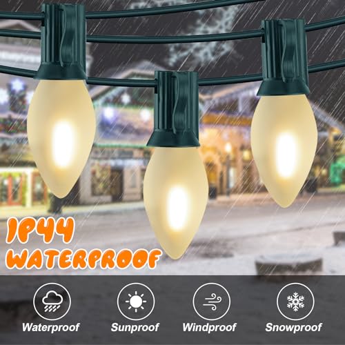 Image of C7 LED Frosted White String Lights Outdoor 25Ft Christmas Decorations String Lights with 27 LED Frosted White Bulbs Hanging Vintage Christmas Lights for Outdoor Patio Garden Backyard Roofline, Green