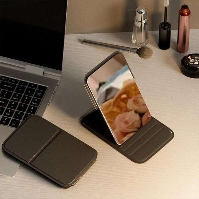 Image of Portable Folding Travel Mirror - Slim PU Leather Makeup Mirror with Adjustable Stand - Lightweight Pocket-Size Vanity Mirror for Purse, Desk, or Travel Use (7 x 10.5 cm) (Black)