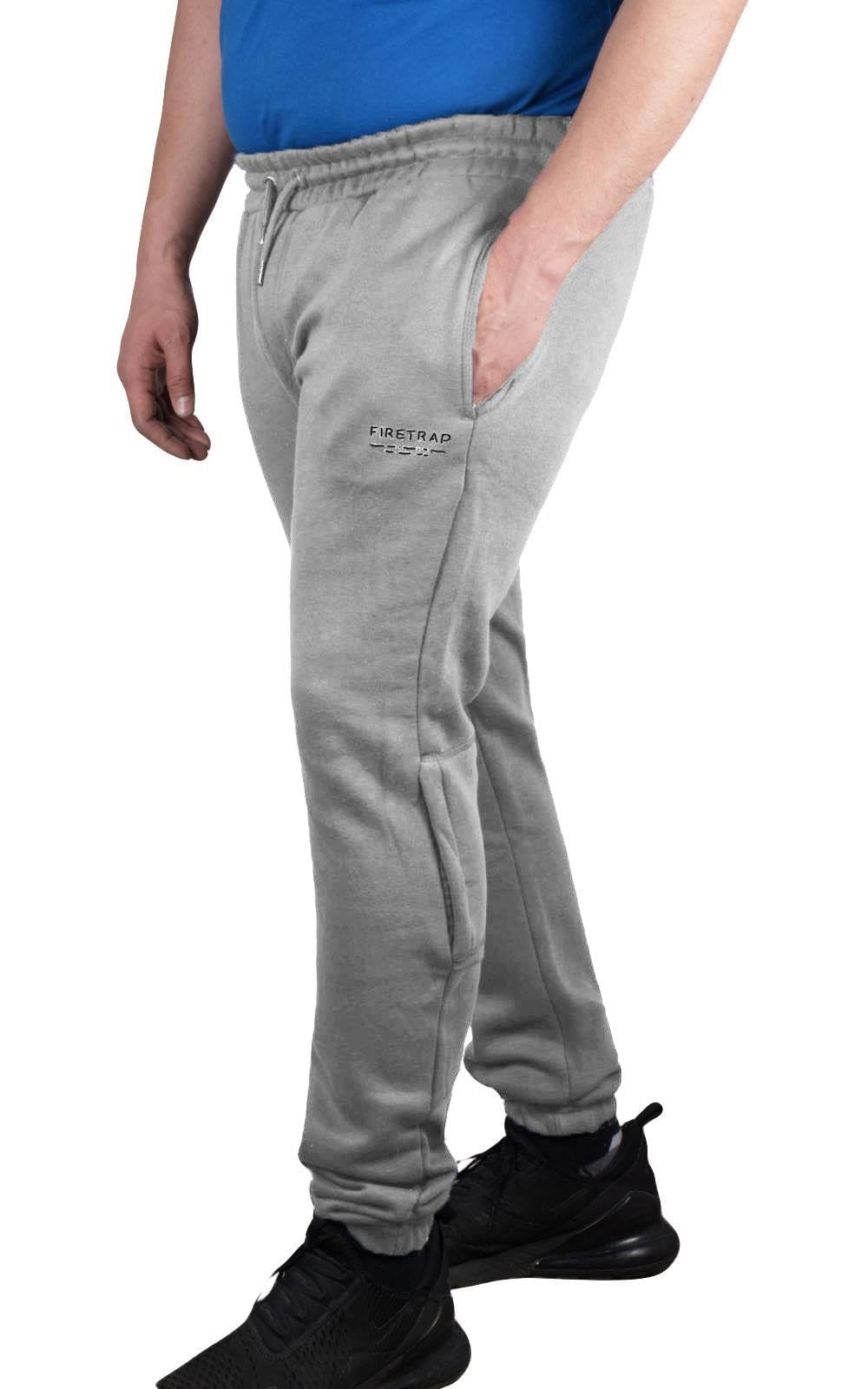 Firetrap Men's Grey Jogging Bottoms Fleece Sweatpants With Zip Pockets Cotton-Poly Blend Gym Trousers Tapered Fit Joggers For Sports, Workout, Or Casual Wear M