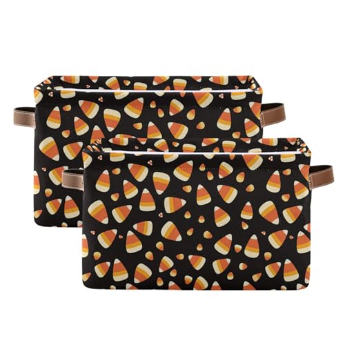 Image of Wamika Halloween Corn Candy Storage Basket with Waterproof Liner and PU Handles Trick or Treat Black Storage Bins Boxes 14.2 inch Collapsible Decorative Organizer Baskets for Bedroom Closet Office 2 Pack