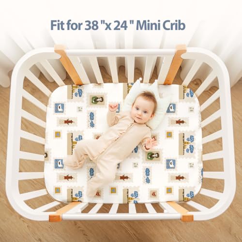 Image of Baby Mini Crib Sheets Boy, Portable 38 inchx26 inch Pack and Play Sheets Fitted for Playard and Pack N Play Mattress, 3-Pack Soft Microfiber Blue Brown Stamp