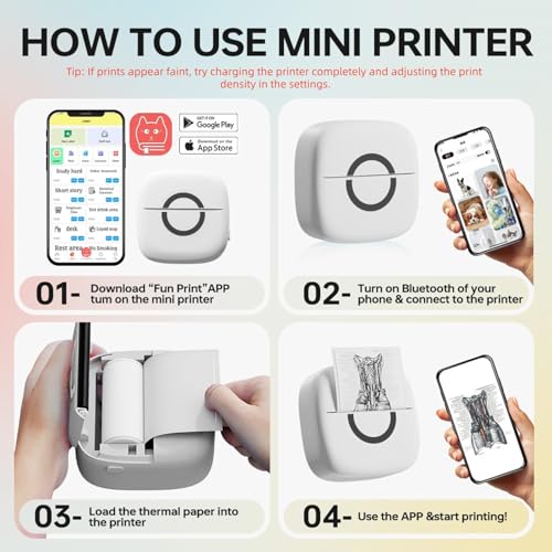 Image of Cabaro Mini Printer Sticker Thermal Printer with 3 Rolls Paper, Bluetooth Portable Phone Print Pods,Study Sticker Maker for Pictures, Photos, Journals, DIY, Compatible with Phone & Tablet