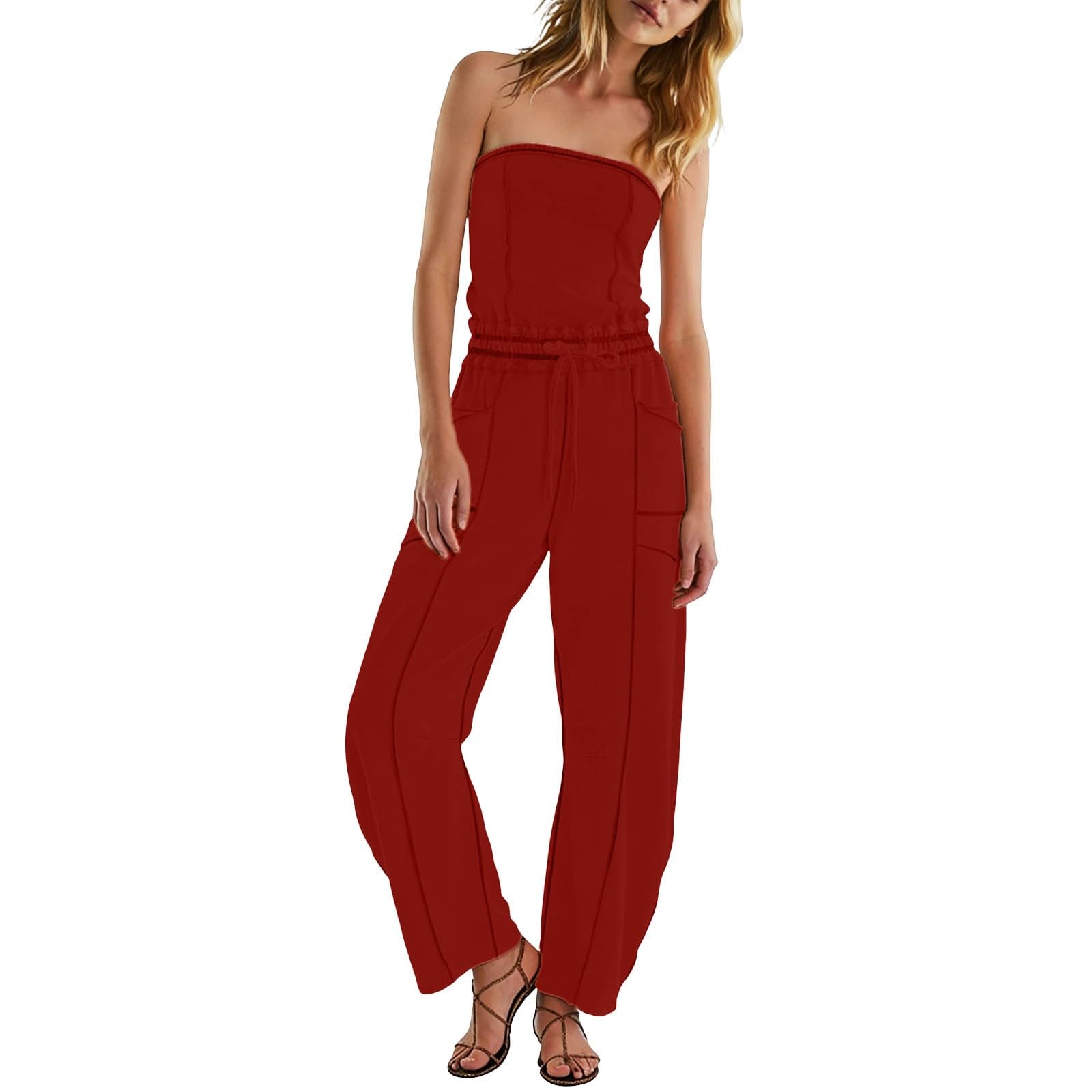 Tuta lunga estiva da donna, sexy, con tasche, ampia | Tuta intera con gamba, tinta unita, per il tempo libero, con coulisse, elegante, leggera, per tutti i giorni e le vacanze