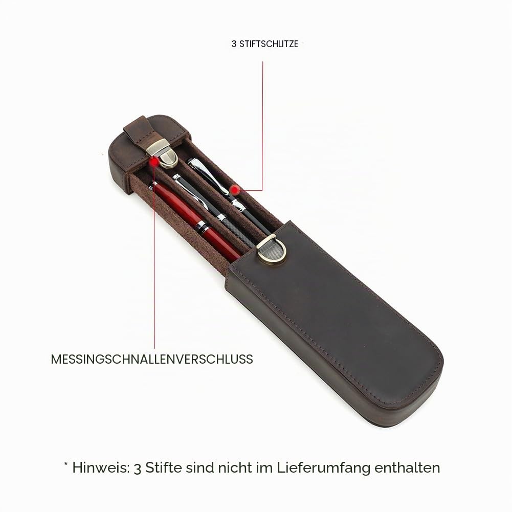 Top‑Grain‑Echtleder Etui für 3 Stifte, minimalistische modische Gestaltung, handgefertigt, Steckverschluss mit Schublade, Geschenk für Männer und Frauen, Bürogebrauch, glänzendes Kaffee, 3 Fächer