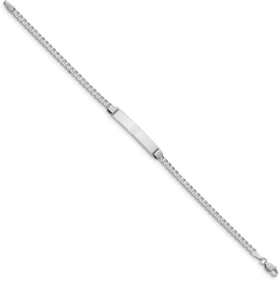 Solid 14k White Gold Flat Curb Cuban Link ID Bracelet Engravable Identification Name Bar Tag - with Secure Lobster Lock Clasp 7" (Width = 4mm)