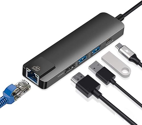 Hub USB C, USB C a Ethernet HDMI adaptador USB con puerto Ethernet de 1000 Mbps, 4K HDMI, 2 puertos de carga USB 3.0 y USB 3.1, compatible con