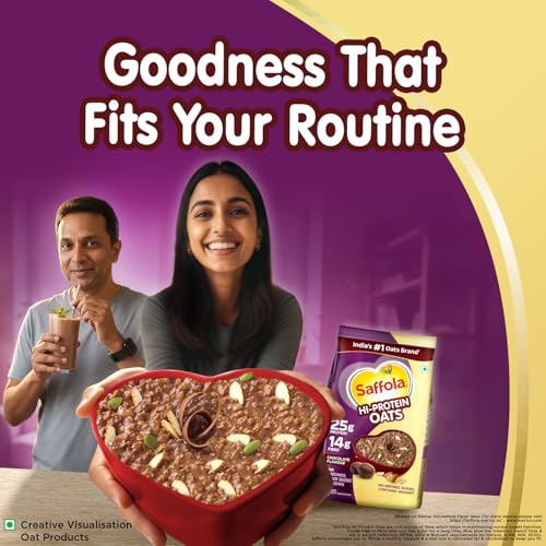 Image of Saffola 25g High Protein Oats | 14g High Fibre | 400g | Chocolate flavour | No Refined Sugar | With Almonds, Raisin, Pumpkin and Chia Seeds | Rolled Oats for Weight management & Muscle gain