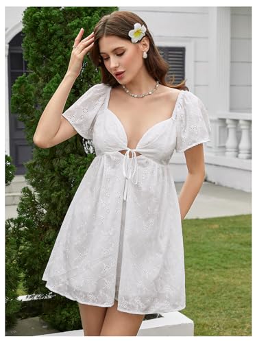 Image of MakeMeChic Women's Casual Ruffle Mini Dress Summer Flutter Sleeve V Neck Tie Front Cutout A Line Dress
