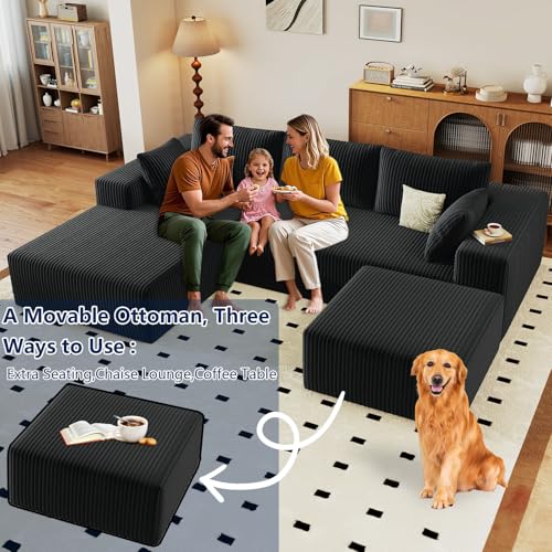 Image of 96 inch Modular Sectional Sofa with Ottoman, Modern Corduroy Cloud Couch with Deep Seat, Boneless Couch Upholstered 3-Seater U-Shaped Sofa for Living Room, No Assembly (Black, Left-Facing Chaise)