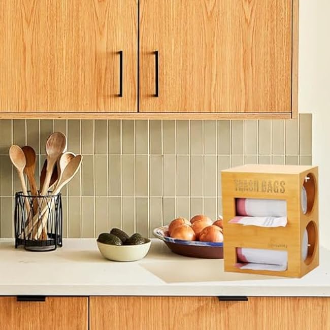 Antallcky Bamboo Trash Bag Dispenser Roll Holder 13 Gallon 2 Rooms,Garbage Bag Storage Dispenser Organizer Wall Mount or Under Sink for 2 Rolls of Plastic Bags(Up to About 160 Bags)