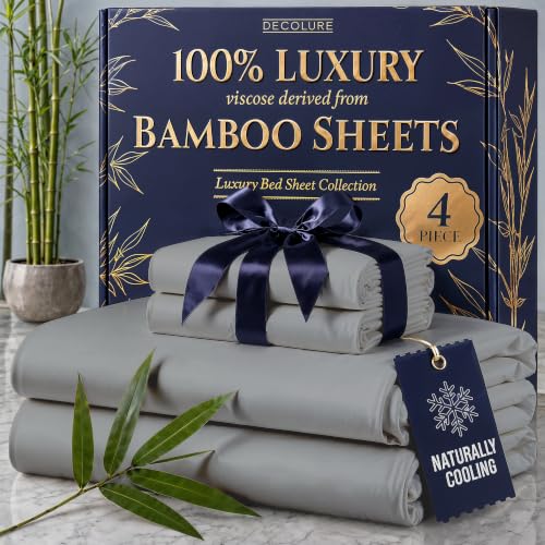 Image of DECOLURE 100% Viscose Derived from Bamboo Sheets Queen Size - Luxury 4 Pc Naturally Cooling Sheets, Ultra Soft Bed Set - Deep 17 inch Pockets, Durable Double Stitching, Oeko Tex Standard (Midgrey)