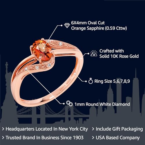 Gem Stone King 10K Rose Gold Orange Sapphire and White Diamond Engagement Bypass Ring For Women (0.59 Cttw, Oval 6X4MM, Available 5,6,7,8,9)2