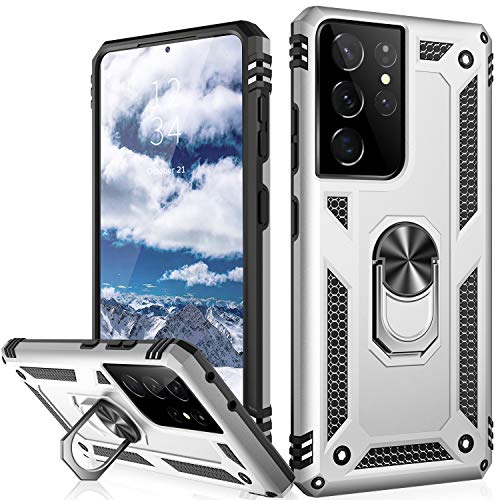 IKAZZ Galaxy S21 Ultra Custodia, Samsung S21 Ultra Cover Militare Antiurto Heavy Duty Custodia Protettiva Del Telefono Pass 15ft Drop Test con Cavalletto Magnetico per Samsung Galaxy S21 Ultra Argento