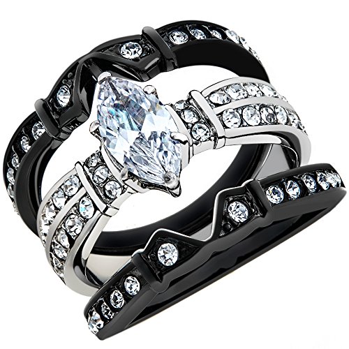 Marimor Jewelry 2.5 Ct Marquise Cut Zirconia Black Stainless Steel Wedding Ring Set Women's Size 8