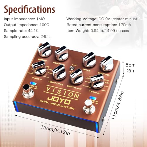 Image of JOYO Dual-Channel Modulation Guitar Pedal, 18 Effects (A: Phaser /Chorus /Flanger B: Trem /Lo-Fi /Auto-Wah) with Tap Tempo & Stereo I /O, True Bypass (Vision R-09)
